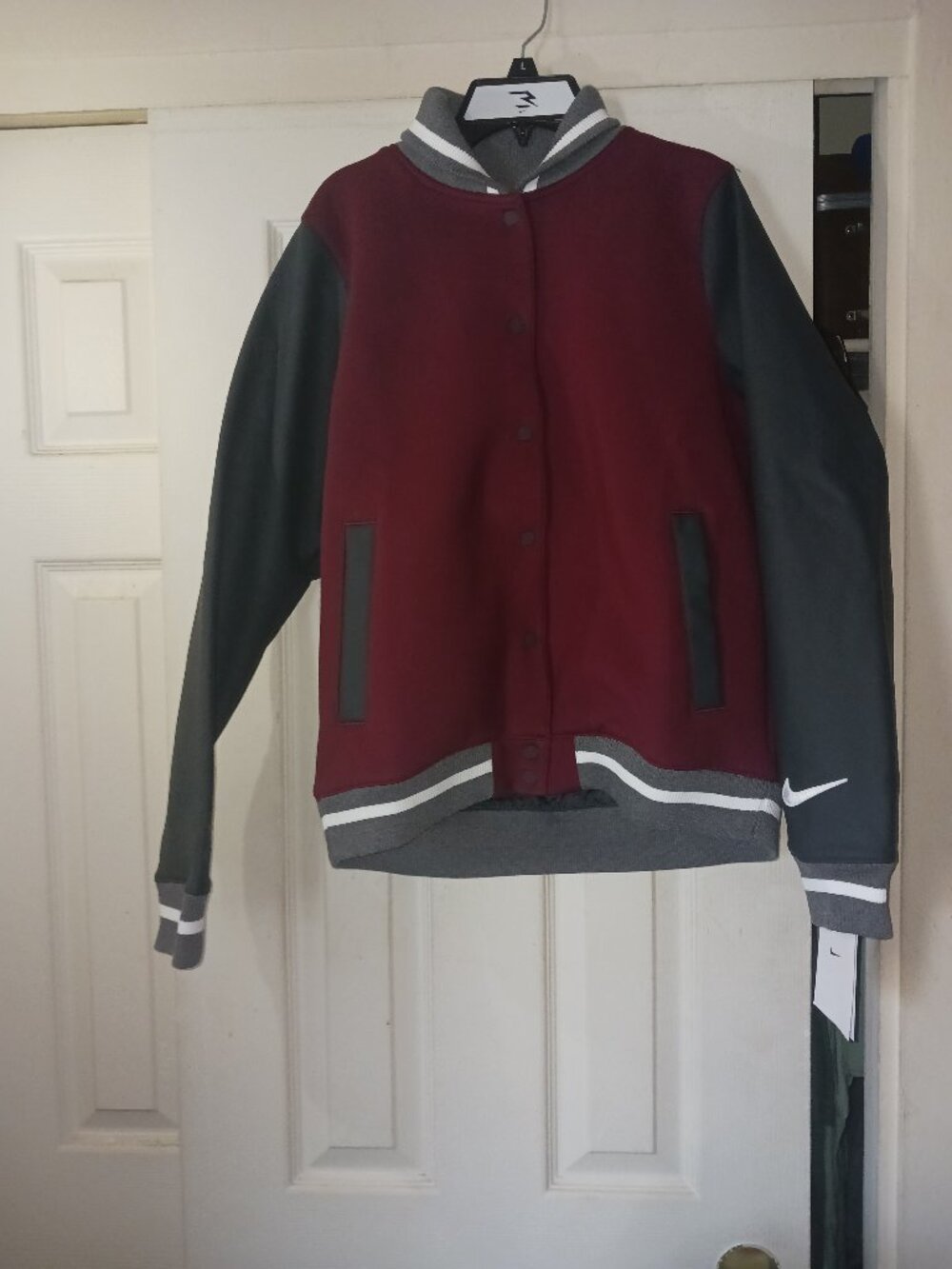 Nike Varsity Jacket Women's Small Burgundy Gray Snap Front Bomber Coat